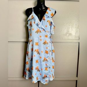 Astr the label Blue- Peach Floral Ruffled shoulder Wrap Dress size L